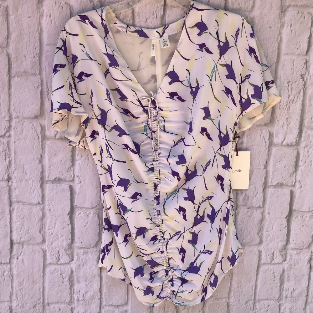 Lewit 100% Silk Blouse Size Medium Abstract Floral Purple on White V-neck
